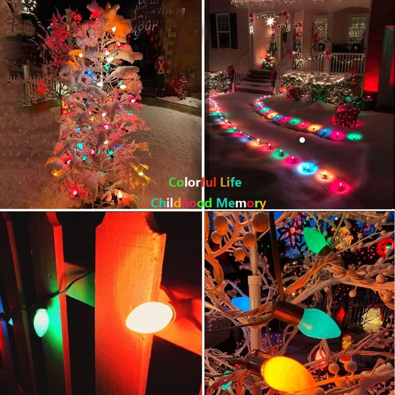 Photo 4 of C7 Multicolor Christmas Lights, 25Ft Christmas String Lights with 27 Multicolor Ceramic Bulbs, Hanging Outdoor String Lights for Holidays, Christmas Prom Party Decor, Green Wire
