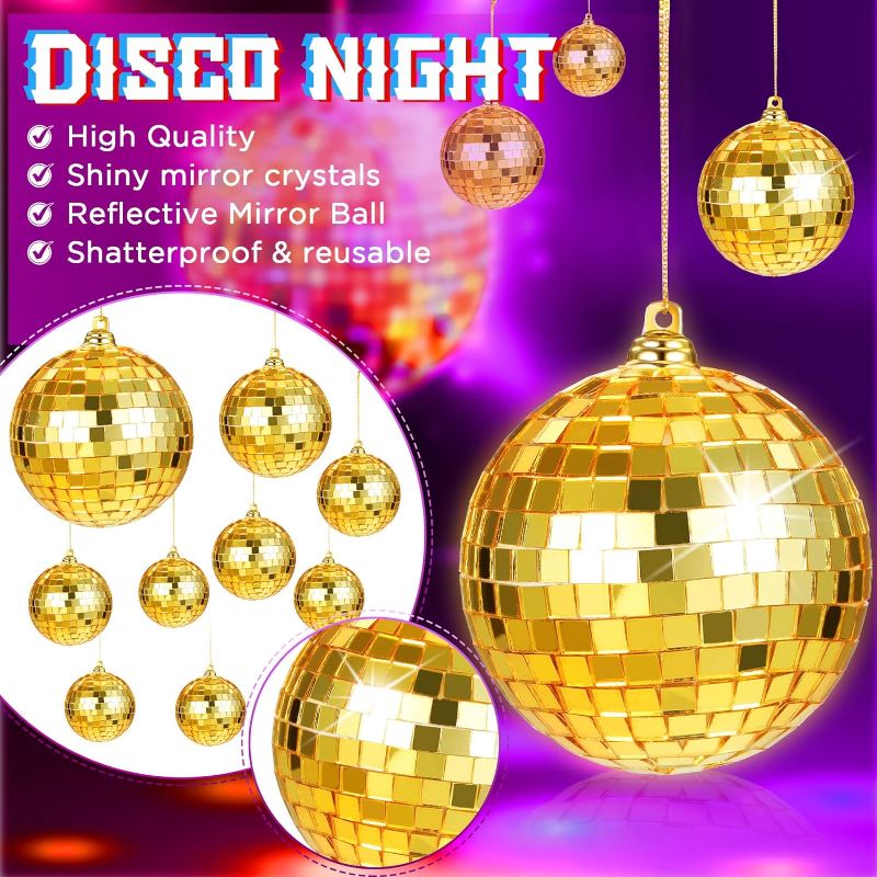 Photo 2 of 4 Pcs Mini Disco Balls Ornament Mini Reflective Disco Ball Disco Party Hanging Decorations with Lanyard for Dance Music Party Decoration, (Gold)
