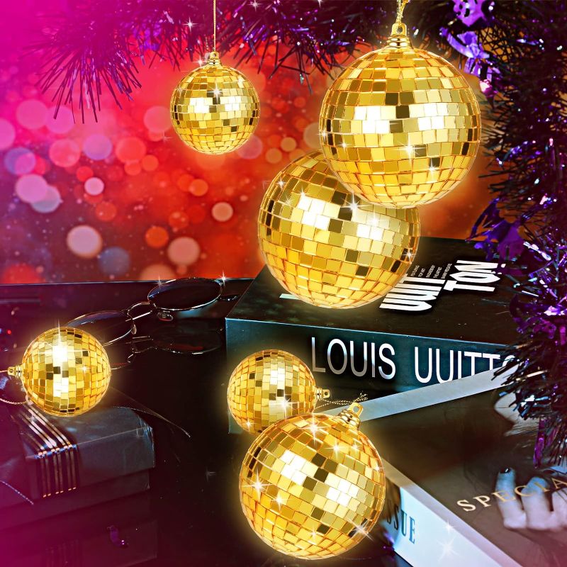 Photo 1 of 4 Pcs Mini Disco Balls Ornament Mini Reflective Disco Ball Disco Party Hanging Decorations with Lanyard for Dance Music Party Decoration, (Gold)
