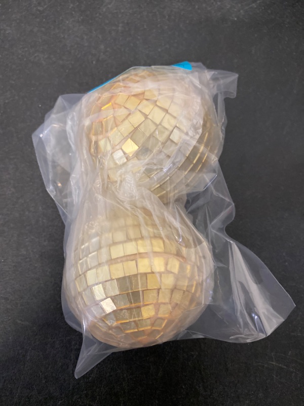 Photo 3 of 2 PCS - Medium/ Small Ornament Size Gold Disco Ball Mirror Disco Ball 70s Mellow Gold Disco Ball Hanging Disco Ball Stage Lightning Effect Ball for 70s Theme Party DJ Stage Props Wedding Birthday Decoration Ornament Decor
