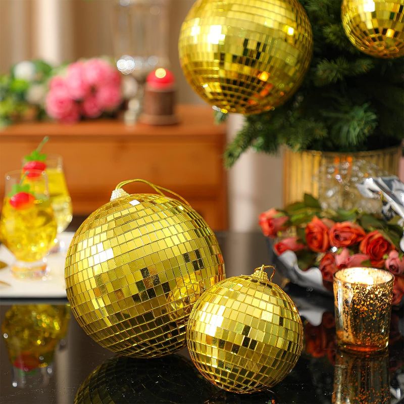 Photo 1 of 2 PCS - Medium/ Small Ornament Size Gold Disco Ball Mirror Disco Ball 70s Mellow Gold Disco Ball Hanging Disco Ball Stage Lightning Effect Ball for 70s Theme Party DJ Stage Props Wedding Birthday Decoration Ornament Decor
