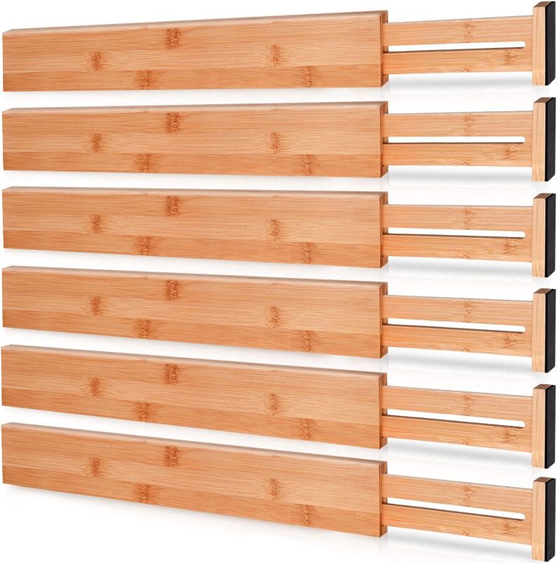 Photo 1 of Toydoooco Bamboo Drawer Dividers, Kitchen Drawer Organizer with Spring Loaded,Separators for Dresser,Bathroom,Office 16.5"-22" Pack of 6
