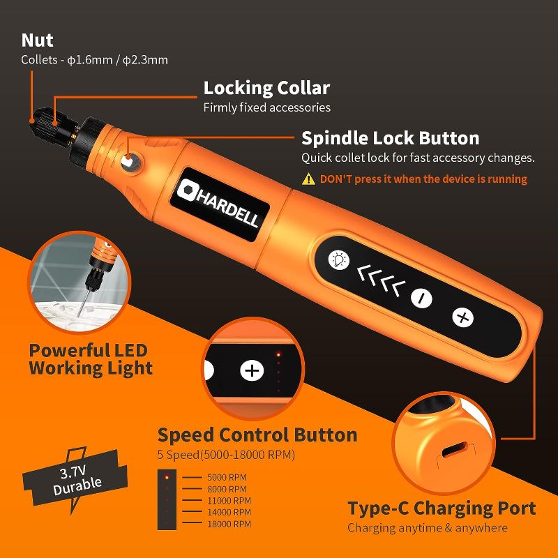 Photo 2 of HARDELL Mini Cordless Rotary Tool, 5-Speed and USB Charging Rotary Tool Kit with 55 Accessories, Multi-Purpose 3.7V Power Rotary Tool for Sanding, Polishing, Drilling, Etching, Engraving, DIY Crafts
