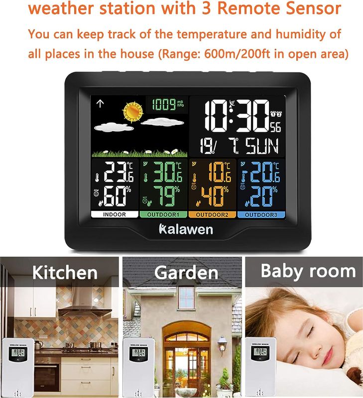 Photo 3 of Kalawen Home Wireless Weather Station Multiple Sensors with Atomic Clock, Indoor/Outdoor Thermometer Wireless Humidity Barometer Monitor
