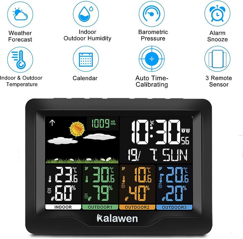 Photo 1 of Kalawen Home Wireless Weather Station Multiple Sensors with Atomic Clock, Indoor/Outdoor Thermometer Wireless Humidity Barometer Monitor
