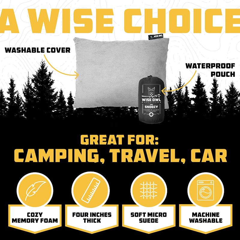Photo 2 of Wise Owl Outfitters Memory Foam Pillow - Compressible Camping, Travel Pillow - Portable Camping and Travel Accessories - Grey, Medium (Pack of 1)
