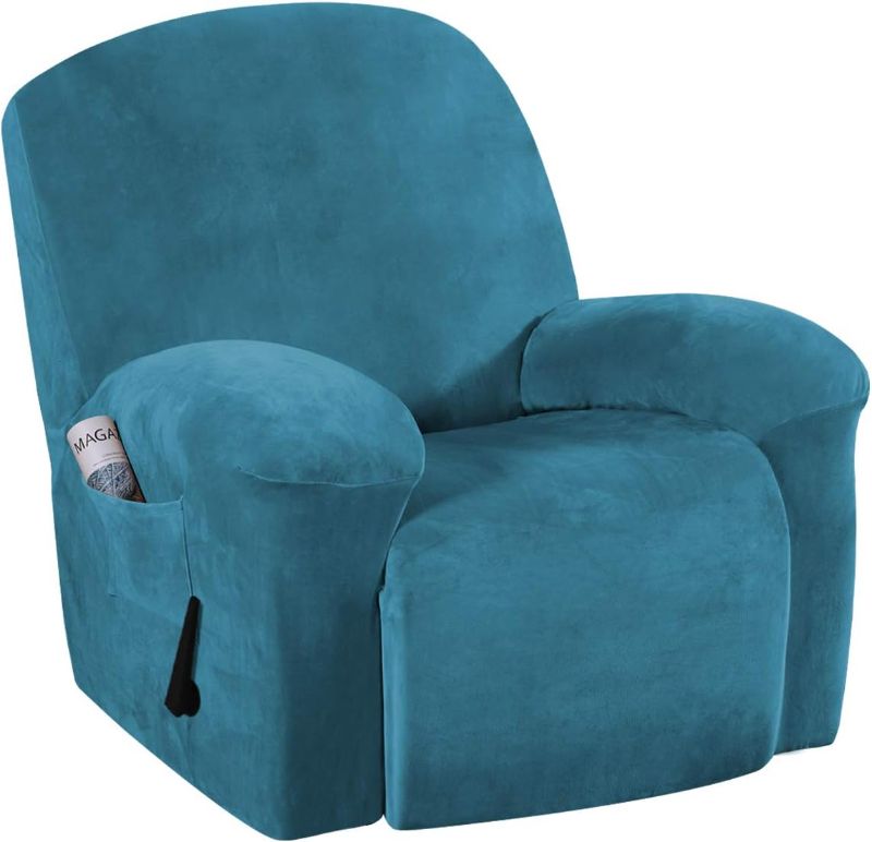 Photo 1 of H.VERSAILTEX 1 Piece Stretch Real Super Velvet Plush Recliner Slipcovers, Recliner Chair Cover, Recliner Cover Furniture Protector Elastic Bottom, Recliner Slipcover with Side Pocket, Peacock Blue

