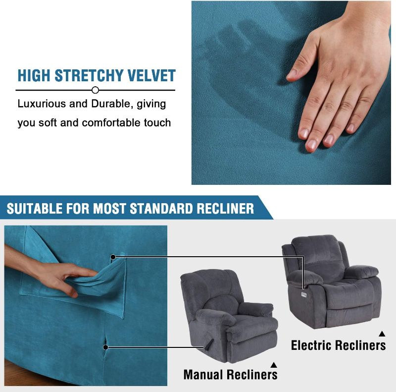 Photo 3 of H.VERSAILTEX 1 Piece Stretch Real Super Velvet Plush Recliner Slipcovers, Recliner Chair Cover, Recliner Cover Furniture Protector Elastic Bottom, Recliner Slipcover with Side Pocket, Peacock Blue
