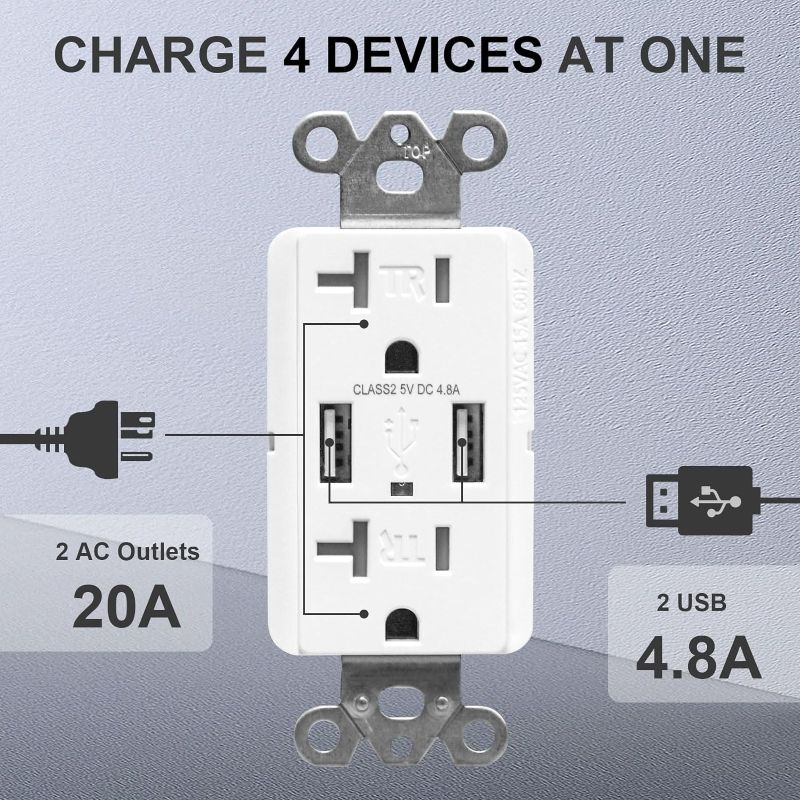 Photo 3 of ALASTECH USB Charger Wall Outlet, 4.8A Wall Charger Electrical Outlet with 2 Ports USB A, 20 Amp Tamper-Resistant Receptacle Outlet, Wall Plate Included, FCC & UL Listed, White, 2 Pack
