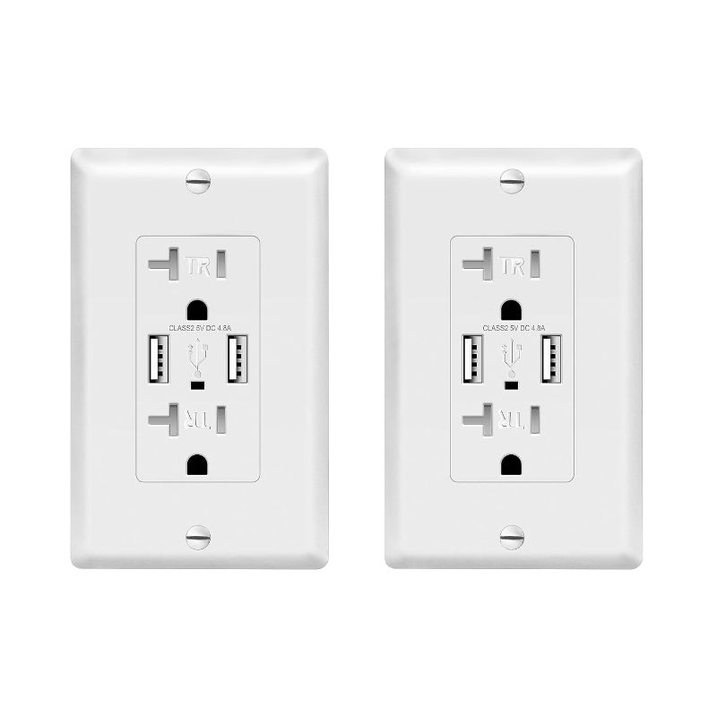 Photo 1 of ALASTECH USB Charger Wall Outlet, 4.8A Wall Charger Electrical Outlet with 2 Ports USB A, 20 Amp Tamper-Resistant Receptacle Outlet, Wall Plate Included, FCC & UL Listed, White, 2 Pack
