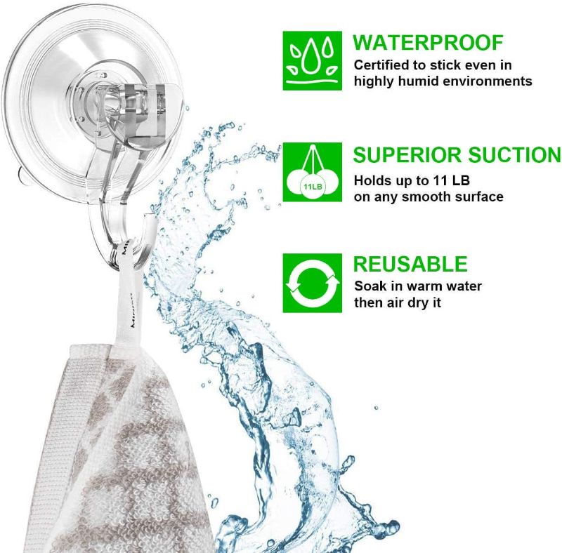 Photo 2 of LUXEAR Suction Cup Hooks - 2 Pack Suction Hooks Reusable Powerful Waterproof Shower Hooks - Heavy Duty Vacuum Suction Hanger for Shower, Window, Towel, Loofah - Clear
