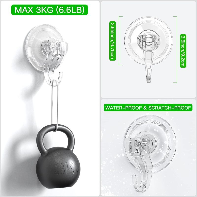 Photo 3 of LUXEAR Suction Cup Hooks - 2 Pack Suction Hooks Reusable Powerful Waterproof Shower Hooks - Heavy Duty Vacuum Suction Hanger for Shower, Window, Towel, Loofah - Clear
