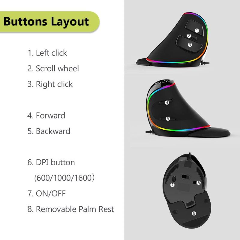 Photo 3 of DeLUX Ergonomic Mouse, Wired Large RGB Vertical Mouse with 6 Buttons, 4000DPI,Removable Wrist Rest for Carpal Tunnel(M618Plus RGB-Wired)
