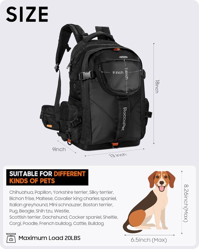 Photo 1 of ROCCOPET Dog Carrier Backpack, Pet Carrier Backpack for Small Dogs, Breathable System, Waterproof Dog Backpack for Hiking, Camping, Travel -Black

