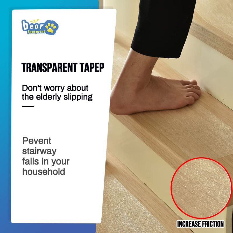 Photo 4 of Transparent Non-Slip Stair Treads Tape for Wooden Steps  Count Clear Safety Anti Slip Stair Grips PEVA Non Skid Tape for Wood Floors Prevent Slippery Surfaces
