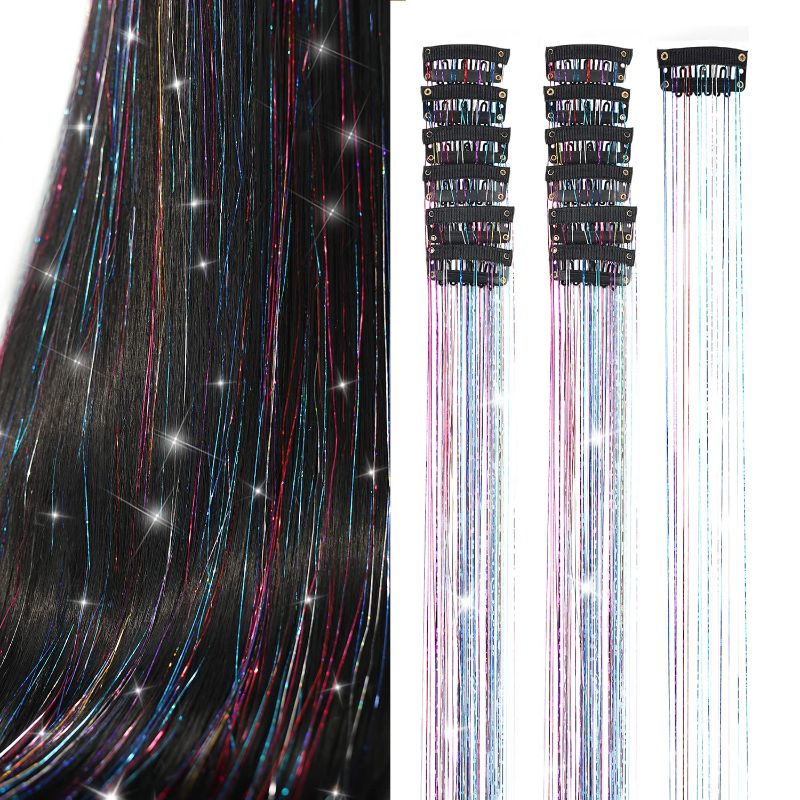 Photo 1 of Ubeleco Hair Tinsel, Packs of 12Pcs Colorful Clip in Hair Tinsel Kit, 20.5 Inch Fairy Hair Tinsel Kit for Christmas New Year Halloween Party, Tinsel Hair Extensions for Women Girls Kids (Colorful)
