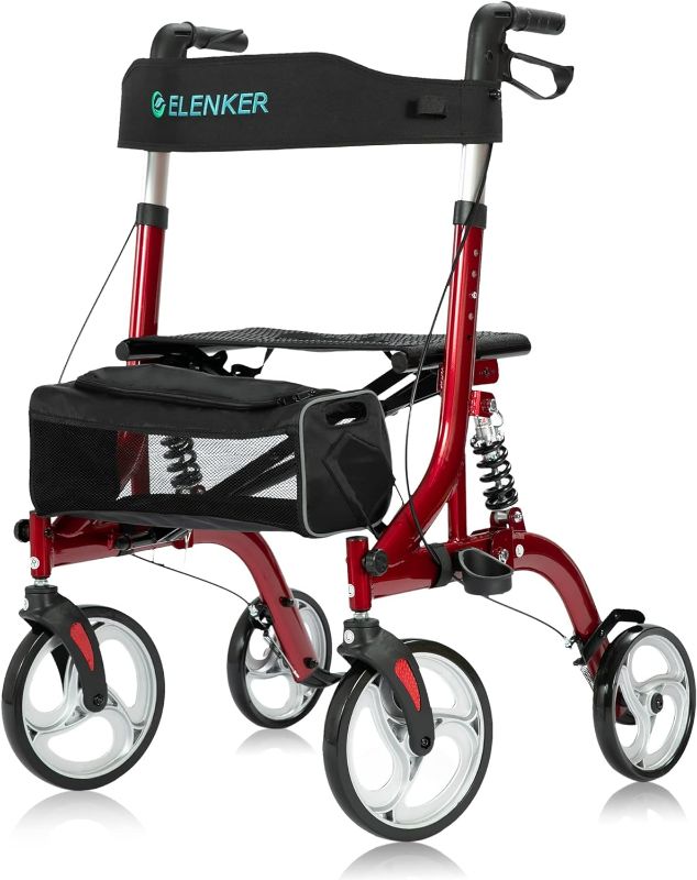 Photo 1 of ELENKER Rollator Walker with Seat, 10”Front Wheels, with Shock Absorber & Carrying Pouch, Lightweight Compact Folding Design for Seniors (Red)
