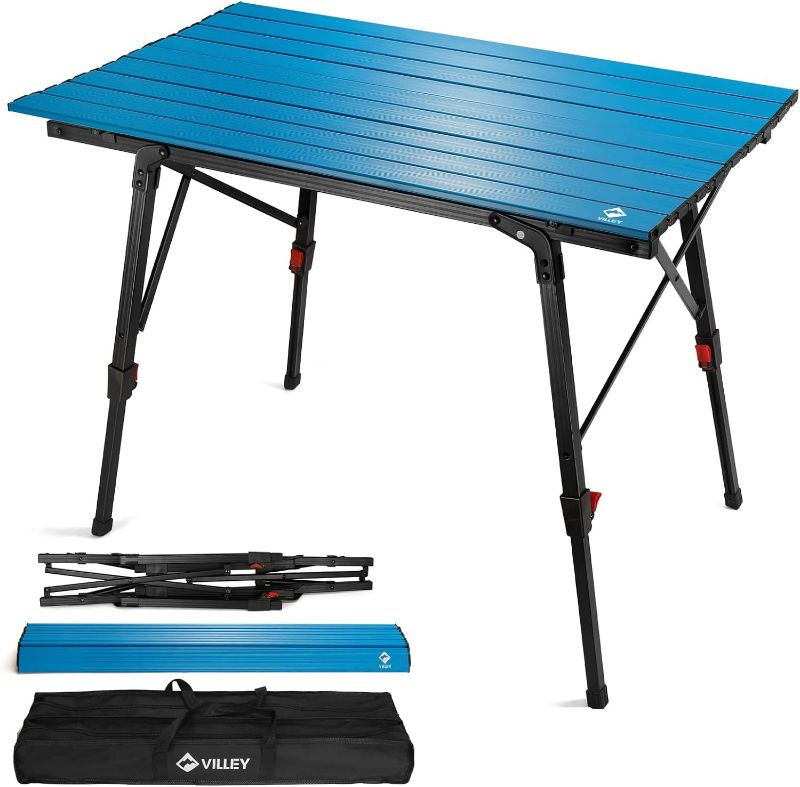 Photo 1 of VILLEY Portable Camping Table with Adjustable Legs, Lightweight Aluminum Folding Beach Table with Carrying Bag for Outdoor Cooking, Picnic, Beach, Backyards, BBQ and Party
