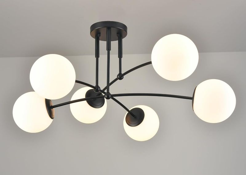 Photo 2 of CLAXY Semi Flush Mount Ceiling Light 6-Light Black Ceiling Light Fixture with Opal Glass Globe Sputnik Chandelier for Bedroom Dining Room Living Room/ COULD BE MISSING PARTS
