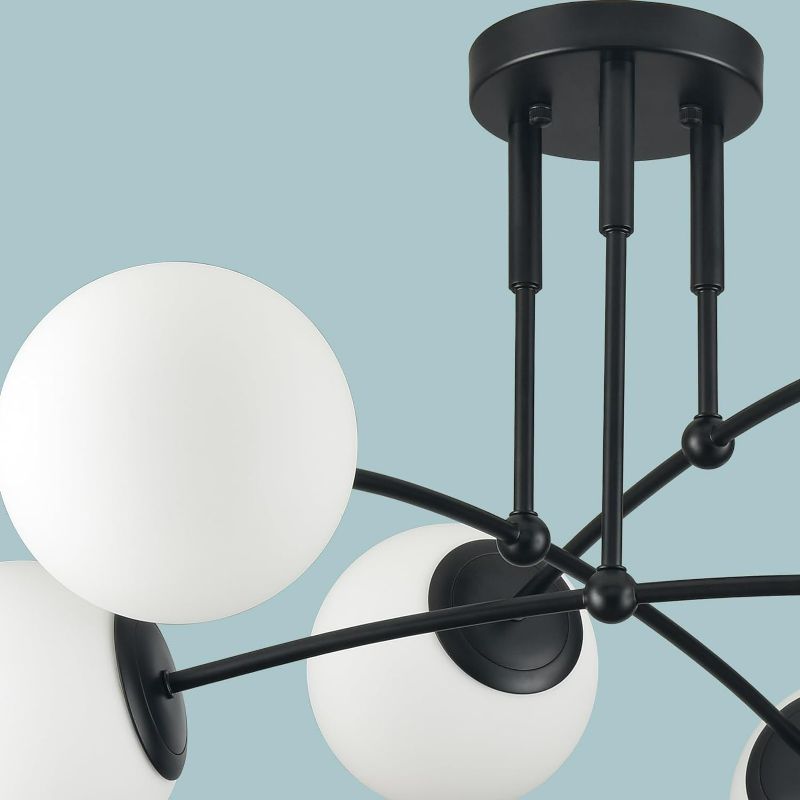 Photo 3 of CLAXY Semi Flush Mount Ceiling Light 6-Light Black Ceiling Light Fixture with Opal Glass Globe Sputnik Chandelier for Bedroom Dining Room Living Room/ COULD BE MISSING PARTS
