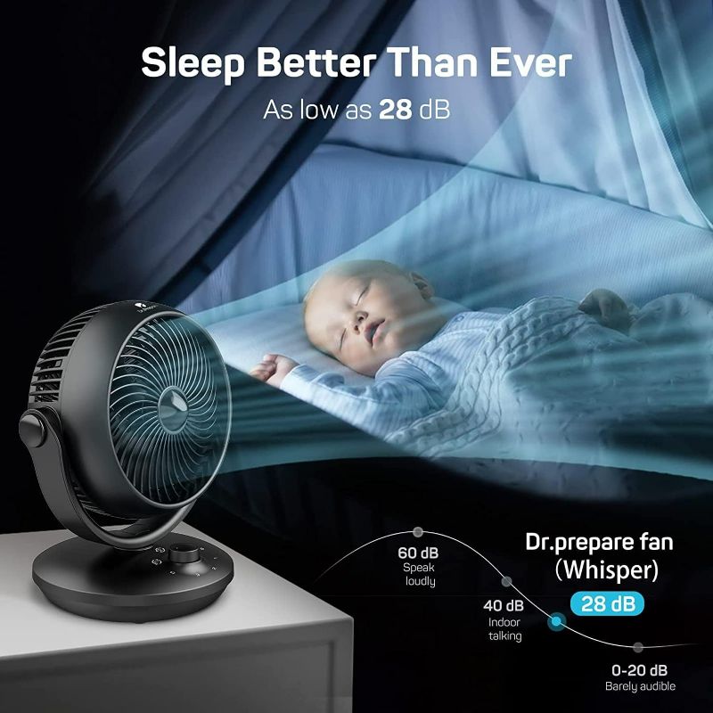 Photo 3 of Dr. Prepare Air Circulator Fan for Bedroom, 8” Quiet Desk Fan, 70° Auto-Oscillating Vortex Fan, Efficient Cooling & Circulation Fan, 3 Speeds, 100° Adjustable Tilt, Portable for Home, Office, RV