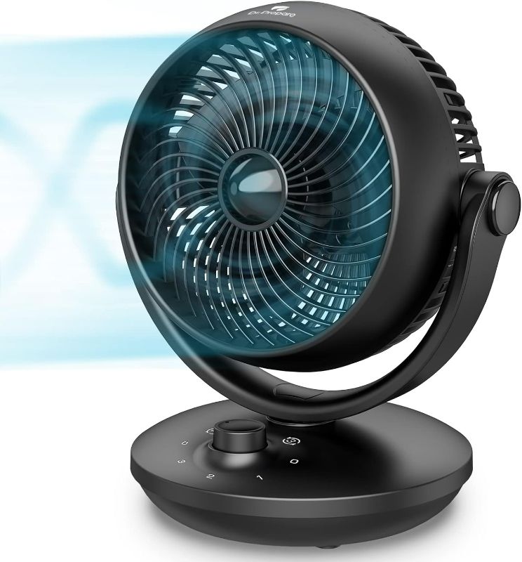 Photo 1 of Dr. Prepare Air Circulator Fan for Bedroom, 8” Quiet Desk Fan, 70° Auto-Oscillating Vortex Fan, Efficient Cooling & Circulation Fan, 3 Speeds, 100° Adjustable Tilt, Portable for Home, Office, RV