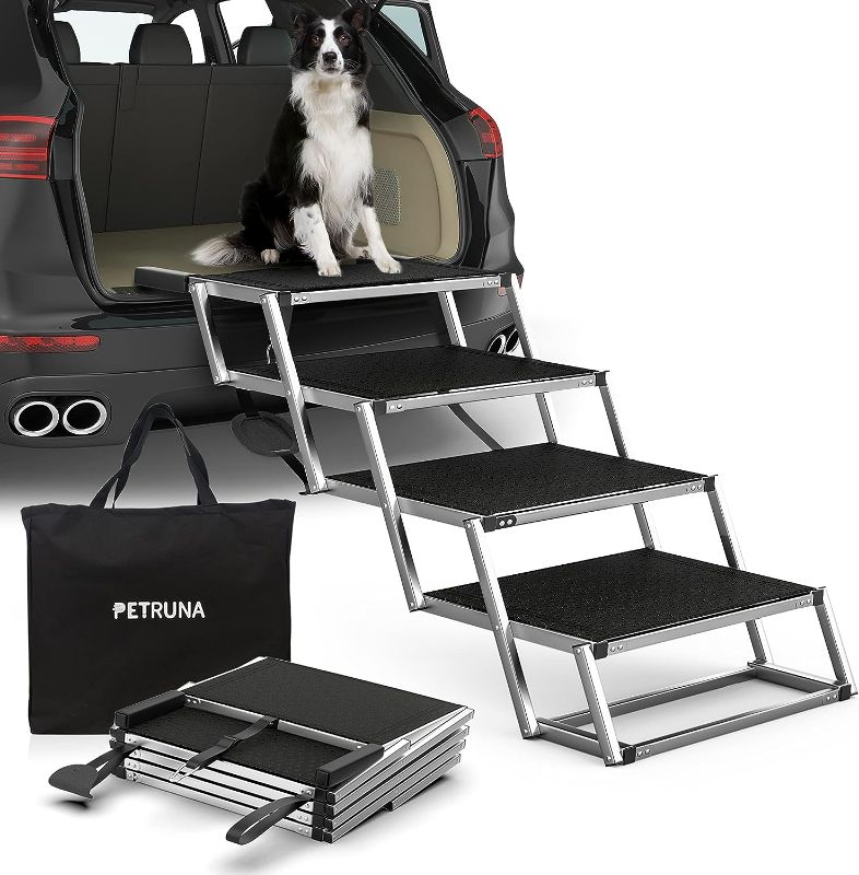 Photo 1 of PetRuna Extra Wide Dog Car Ramp for Large Dogs, Portable Aluminum Foldable Pet Ramp with Non-Slip Surface, Lightweight Dog Stairs for Cars SUV, High Beds & Trucks, Supports up to 250 lbs, 4 Steps
