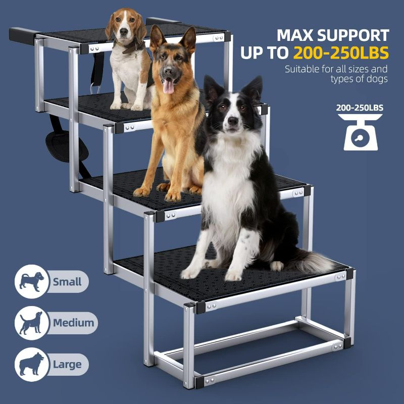 Photo 2 of PetRuna Extra Wide Dog Car Ramp for Large Dogs, Portable Aluminum Foldable Pet Ramp with Non-Slip Surface, Lightweight Dog Stairs for Cars SUV, High Beds & Trucks, Supports up to 250 lbs, 4 Steps
