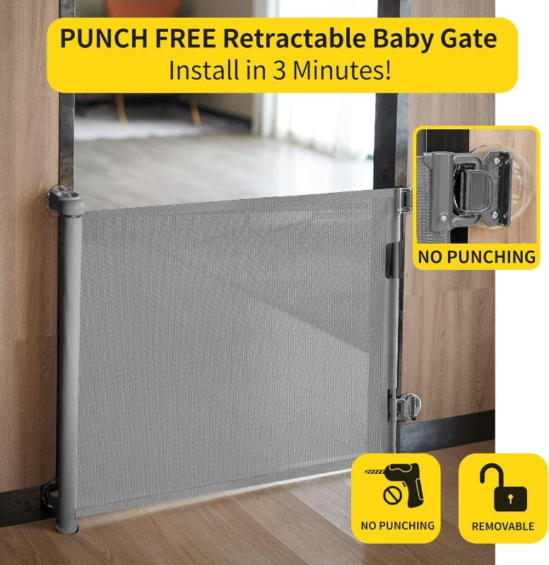 Photo 2 of Punch-Free Install Retractable Baby Gate, Mesh Baby Gate or Mesh Dog Gate,33" Tall,Extends up to 55" Wide,Child Safety Gate for Doorways, Stairs, Hallways, Indoor/Outdoor?Grey,33"x55"
