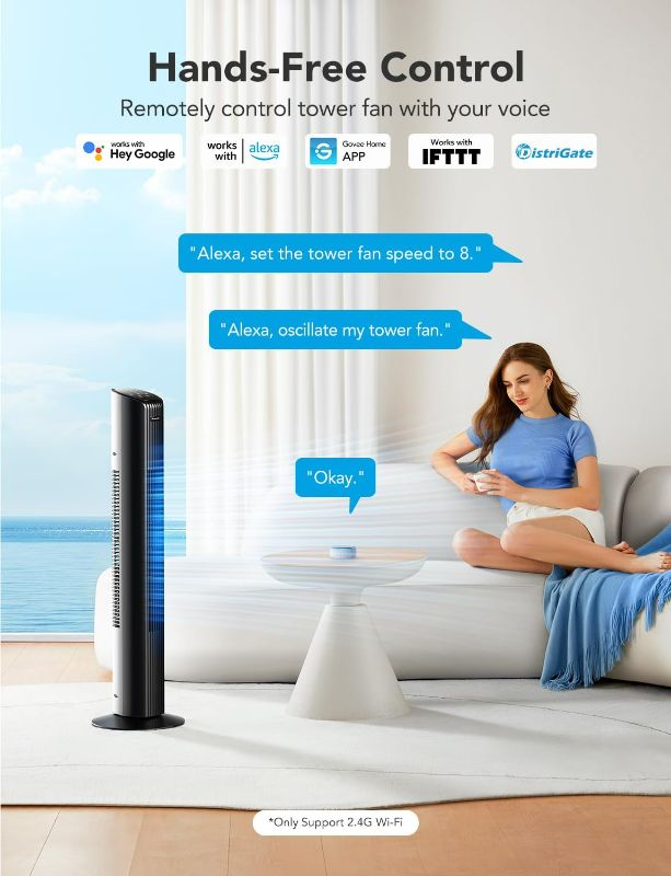 Photo 2 of GoveeLife 36'' Smart Tower Fan for Bedroom, Oscillating Fan with Auto-Reflect, Room Fan with 8 Speeds, 4 Modes, 24H Timer with APP, Works with Alexa, Floor Fan for Home Office/ ITEM IS NEW BUT MAY BE MISSING PARTS
