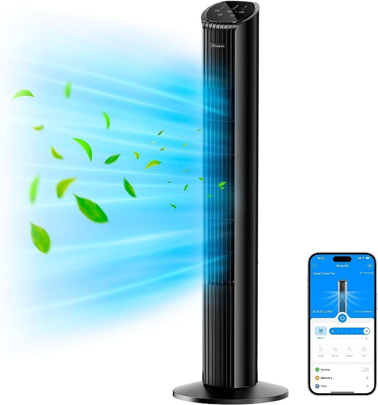 Photo 1 of GoveeLife 36'' Smart Tower Fan for Bedroom, Oscillating Fan with Auto-Reflect, Room Fan with 8 Speeds, 4 Modes, 24H Timer with APP, Works with Alexa, Floor Fan for Home Office/ ITEM IS NEW BUT MAY BE MISSING PARTS
