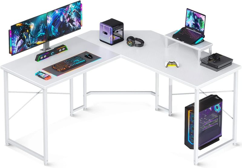 Photo 1 of ODK L Shaped Gaming Desk, 51 Inch Computer Desk with Monitor Stand, PC Gaming Desk, Corner Desk Table for Home Office Sturdy Writing Workstation, White-  ITEM IS NEW BUT MAY BE MISSING PARTS/ HAS MINOR DAMAGE/ SMALL CHIP