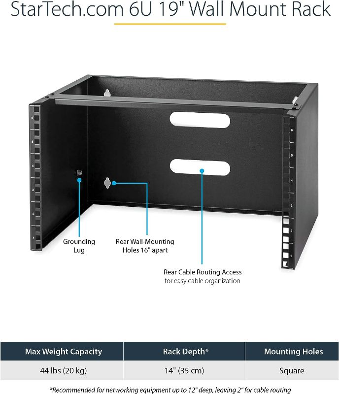 Photo 3 of StarTech.com 6U Wall Mount Network Rack - 14 Inch Deep (Low Profile) - 19" Patch Panel Bracket for Shallow Server and IT Equipment, Network Switches - 44lbs/20kg Weight Capacity, Black (WALLMOUNT6)
