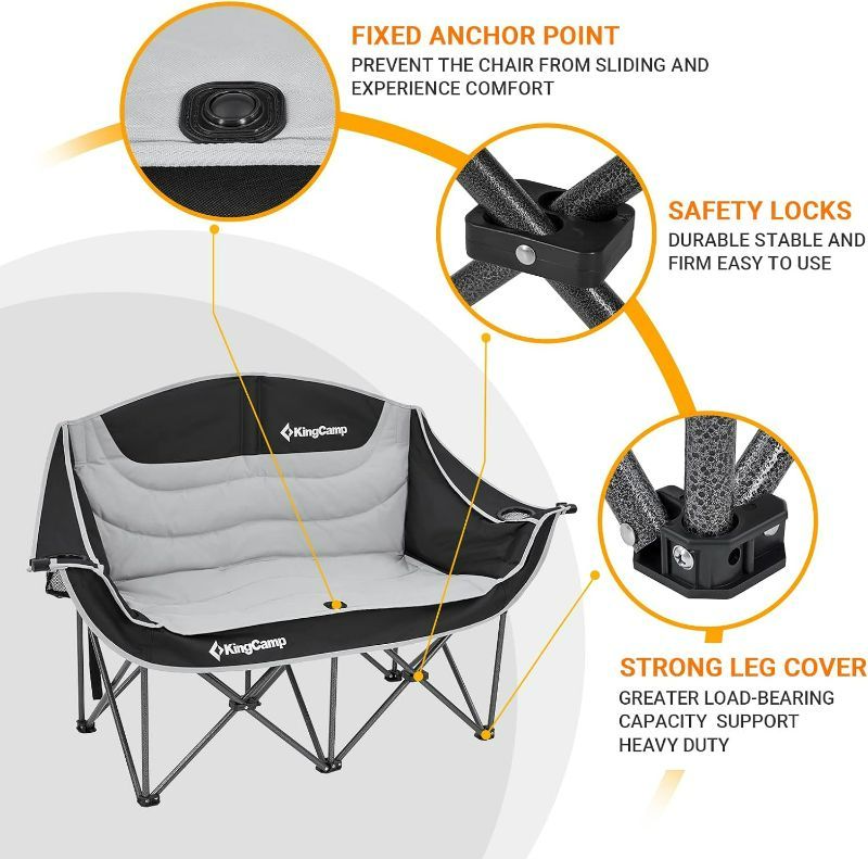 Photo 3 of KingCamp Double Camping Chair Loveseat Heavy Duty for Adults Two Person Outdoor Folding Chairs with Cup Holder Wine Glass Holder Support 441lbs for Outside Picnic Beach Travel(Black)

