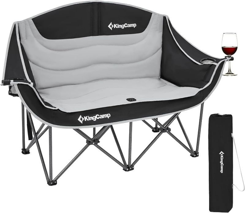 Photo 1 of KingCamp Double Camping Chair Loveseat Heavy Duty for Adults Two Person Outdoor Folding Chairs with Cup Holder Wine Glass Holder Support 441lbs for Outside Picnic Beach Travel(Black)

