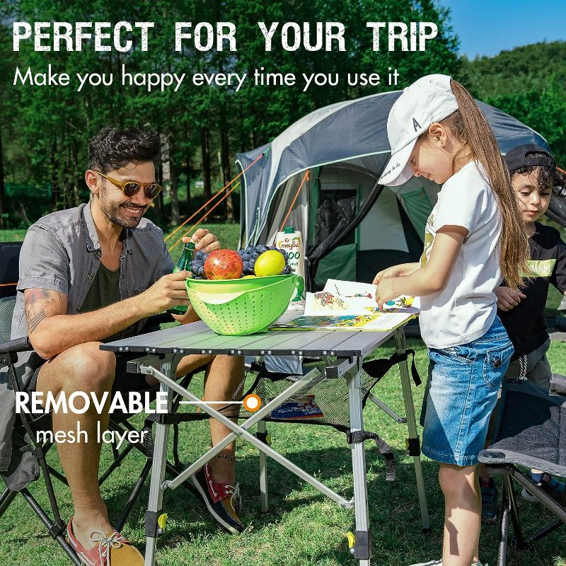 Photo 2 of PORTAL Outdoor Folding Portable Picnic Camping Table with Adjustable Height Aluminum Roll Up Table Top Mesh Layer, Large-35.4"L x 20.9"W, Silver/ ITEM IS USED AND MAY BE MISSING PARTS