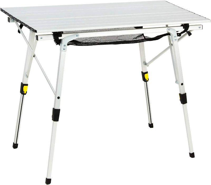 Photo 1 of PORTAL Outdoor Folding Portable Picnic Camping Table with Adjustable Height Aluminum Roll Up Table Top Mesh Layer, Large-35.4"L x 20.9"W, Silver/ ITEM IS USED AND MAY BE MISSING PARTS