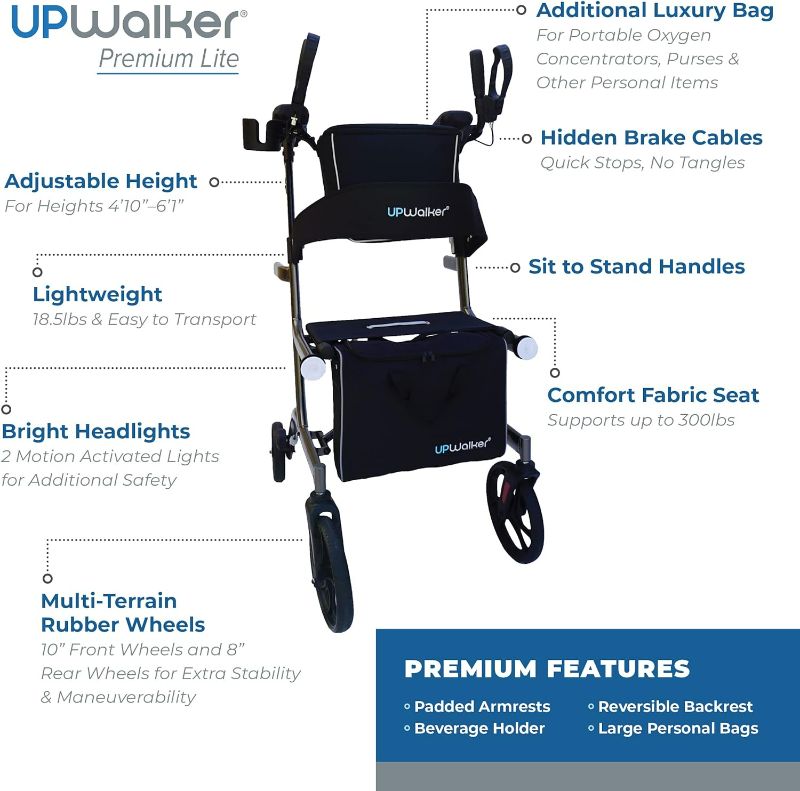 Photo 3 of UPWalker Premium Lite The Original Upright Walker – Fully Assembled ISO Certified Adjustable Stand-Up Rollator Walker with Seat, Armrest, Backrest for Seniors (Dark Luster Silver)- ITEM IKS NEW BUT BOX HAS BEEN OPENED / MAY BE MISSING PARTS