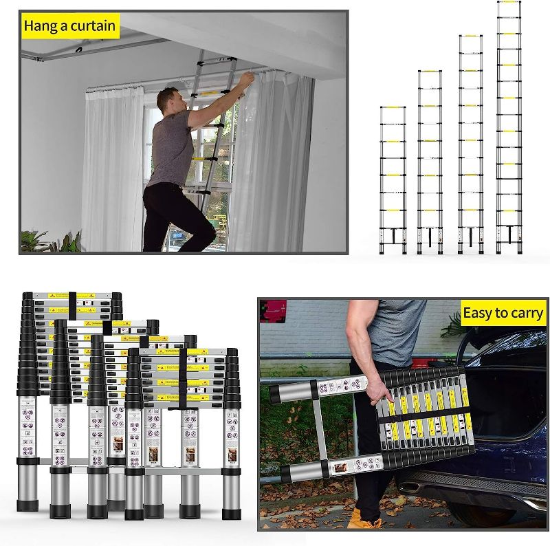 Photo 4 of BOWEITI Telescoping Extension Ladder, 16.5FT Telescoping A Frame Ladder with Balance Bar and Movable Wheel,Household Use Folding Ladder,Multi-Purpose Collapsible Ladder for Outdoor Work/ ITEM IS NEW BUT MAY BE MISSING PARTS
