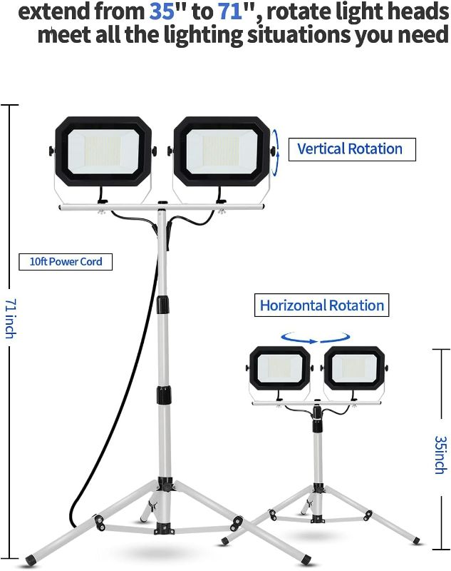 Photo 3 of UFOND 20000 Lumen Work Lights with Stand, 200W Dual Head LED Work Light, Waterproof Lamp with Individual Switch, Adjustable Metal Telescoping Tripod 10Ft Power Cord/ ITEM IS NEW BUT MAY BE MISSING PARTS