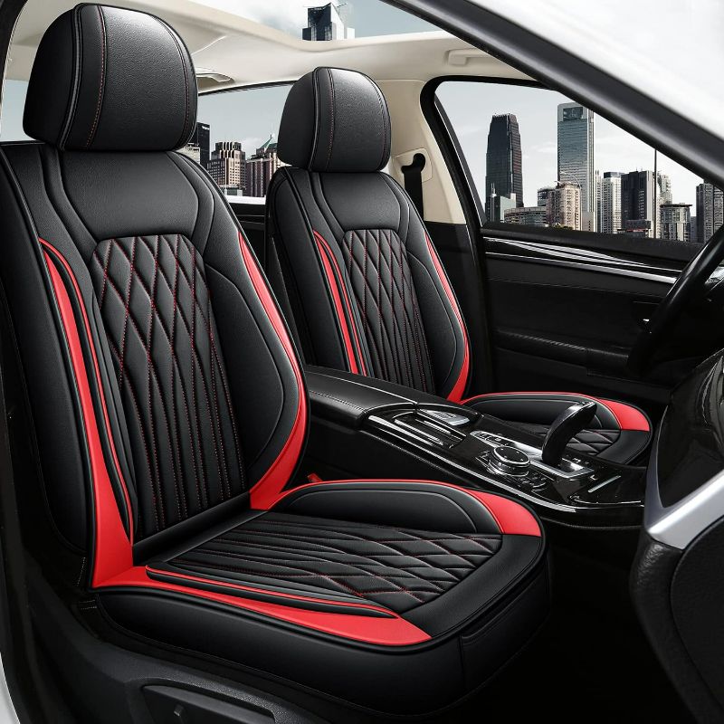 Photo 1 of Pariitadin Leather Car Seat Covers Full Pair, Waterproof Faux Leather Seat Covers for Cars, Non-Slip Car Interior Covers Universal Fit for Most Cars Sedans Trucks SUVs, Black/Red Line
