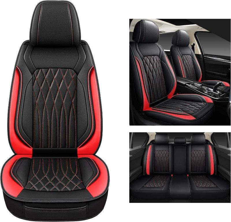 Photo 1 of Pariitadin Leather Car Seat Covers Full Pair, Waterproof Faux Leather Seat Covers for Cars, Non-Slip Car Interior Covers Universal Fit for Most Cars Sedans Trucks SUVs, Black/Red Line
