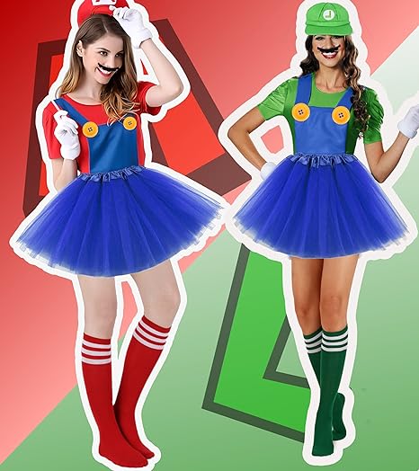 Photo 4 of PIIDUOO Super Bros Mary & Luigi Costume for Adults Women Hats Mustache Gloves Accessories Kit for Girls Kids Halloween Cosplay
