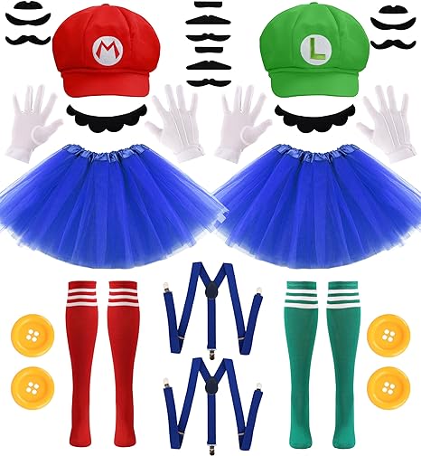 Photo 1 of PIIDUOO Super Bros Mary & Luigi Costume for Adults Women Hats Mustache Gloves Accessories Kit for Girls Kids Halloween Cosplay
