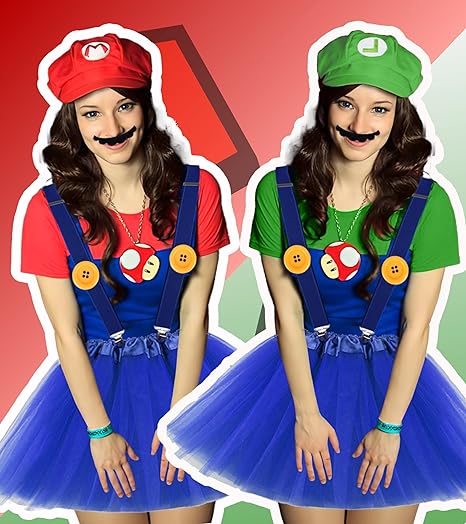 Photo 3 of PIIDUOO Super Bros Mary & Luigi Costume for Adults Women Hats Mustache Gloves Accessories Kit for Girls Kids Halloween Cosplay
