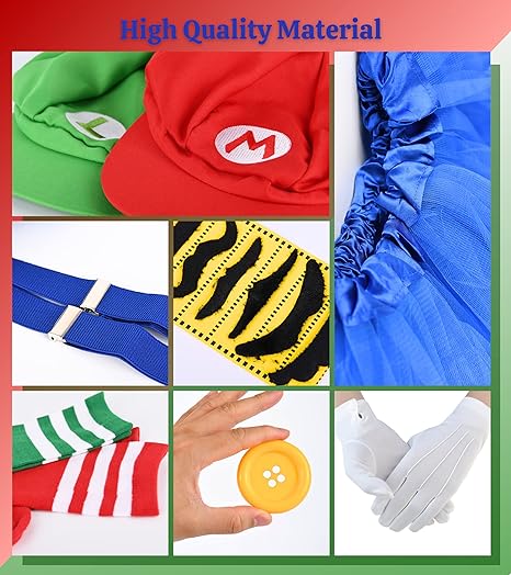Photo 2 of PIIDUOO Super Bros Mary & Luigi Costume for Adults Women Hats Mustache Gloves Accessories Kit for Girls Kids Halloween Cosplay

