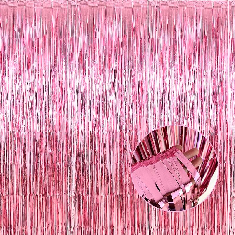 Photo 1 of 1 PC Pack Pink Foil Fringe Curtain Backdrop, 3.28Ft x 8.2Ft Metallic Tinsel Foil Fringe Streamer Curtains for Photo Booth Props, Birthday, Wedding,...
