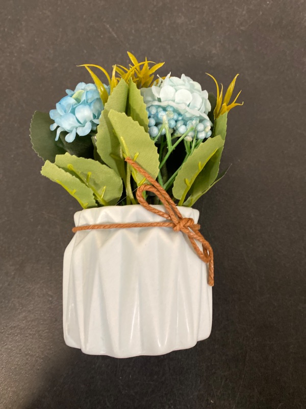Photo 1 of SUPNIU Artificial Hydrangea Bouquet with Small Ceramic Vase Fake Silk Variety Flower Balls Flowers Decoration for Table Home Party Office Wedding (Blue)
