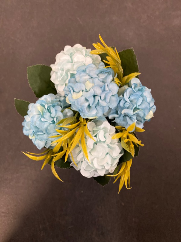 Photo 4 of SUPNIU Artificial Hydrangea Bouquet with Small Ceramic Vase Fake Silk Variety Flower Balls Flowers Decoration for Table Home Party Office Wedding (Blue)
