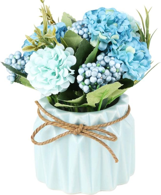 Photo 1 of SUPNIU Artificial Hydrangea Bouquet with Small Ceramic Vase Fake Silk Variety Flower Balls Flowers Decoration for Table Home Party Office Wedding (Blue)
